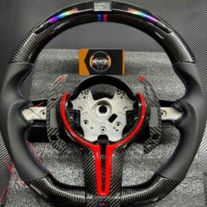 BMW LED Steering Wheel, Genuine Carbon Fibre with Flat Bottom, Perforated Leather Grip