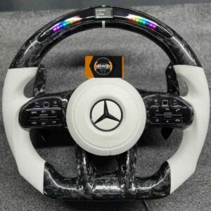 Mercedes Benz LED Steering Wheel, Carbon Forged Flat Bottom, White Leather, Full Set With Buttons and Airbag
