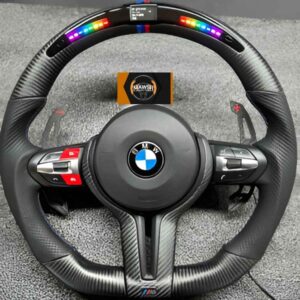 BMW LED Steering Wheel, Dry Carbon Fibre with Flat Bottom, Perforated Leather Grip