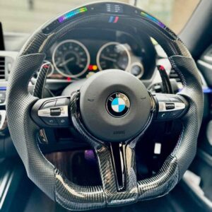 BMW LED Steering Wheel, Genuine Carbon Fibre with Flat Bottom, Perforated Leather Grip